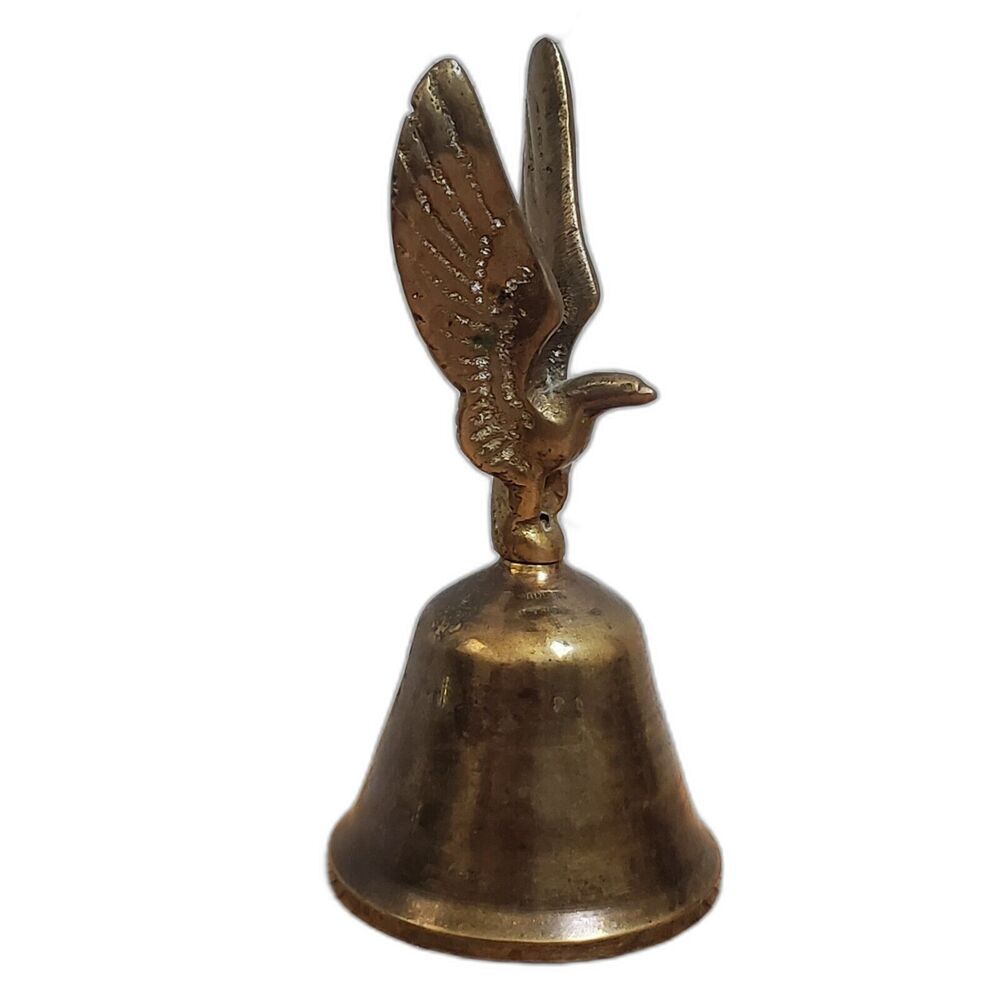 Vintage Brass School Bell Eagle Finial Top Handle Patina Missing Insert 5"